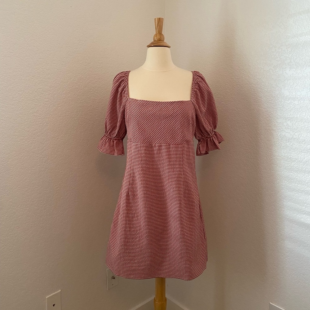 Blue rain red gingham dress with puff sleeves from Francesca‘s